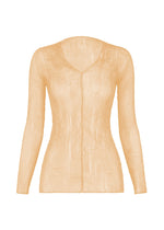 The ISSEY MIYAKE CHIFFON TWIST 1 is a sheer light beige long-sleeve V-neck top with a subtle vertical crinkle texture, fitted silhouette, and crafted from recycled polyester, shown against a white background. - CHUKAR BEIGE (no.42)