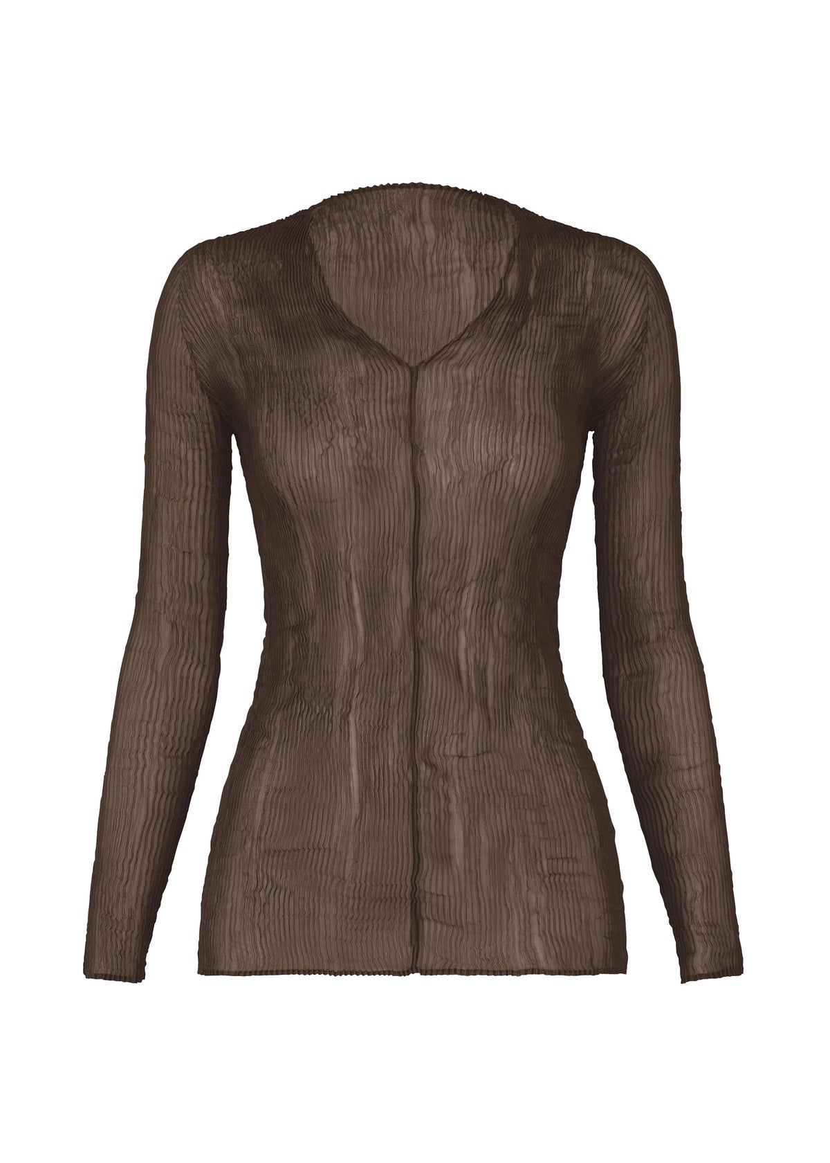ISSEY MIYAKE's CHIFFON TWIST 1: a long-sleeved, semi-sheer brown V-neck top with subtle vertical pleats, made from recycled polyester and shown on a white background. view 3 of 10