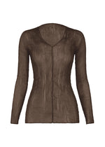 ISSEY MIYAKE's CHIFFON TWIST 1: a long-sleeved, semi-sheer brown V-neck top with subtle vertical pleats, made from recycled polyester and shown on a white background. - DARK BROWN (no.45)