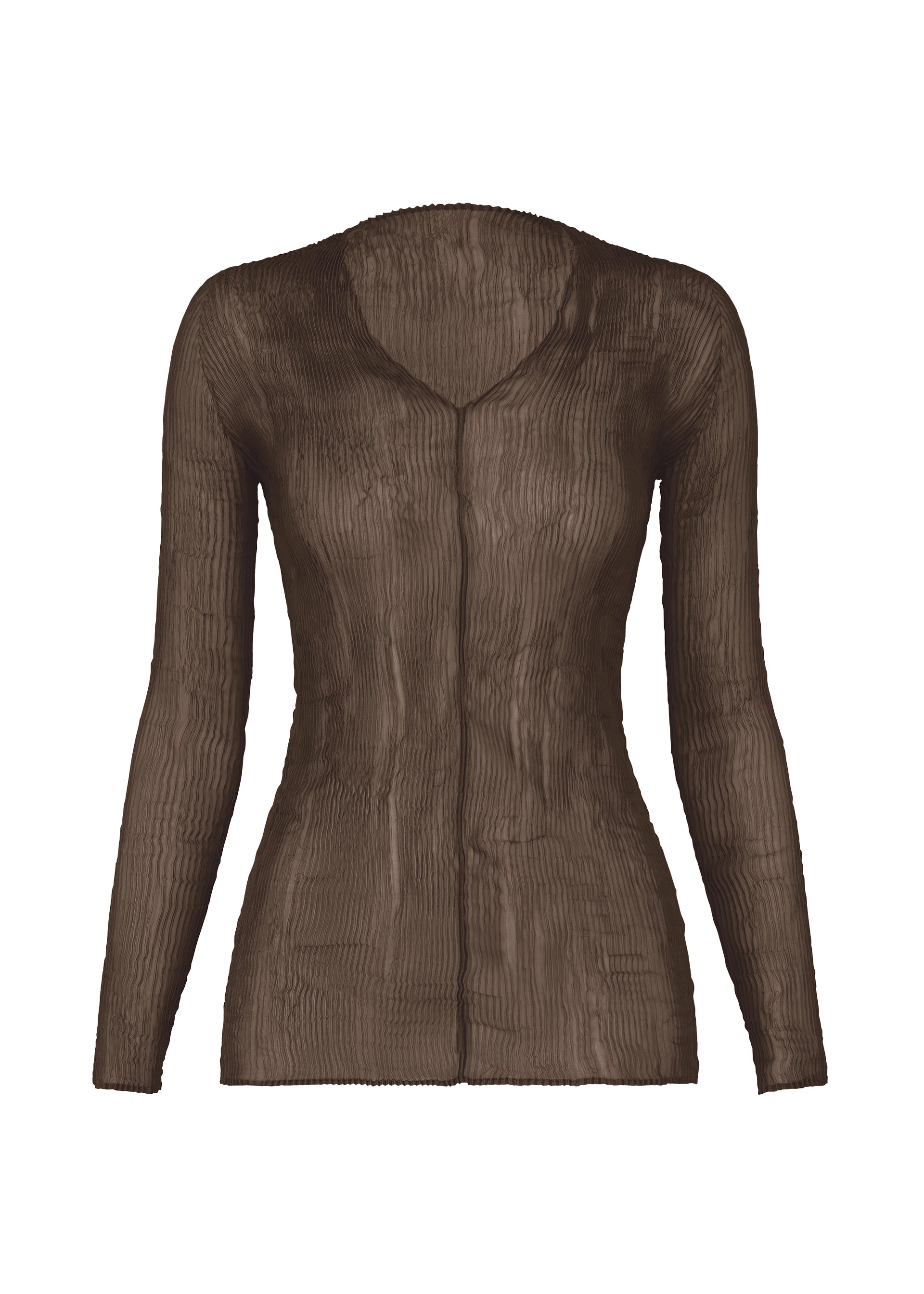 Zoomed view ISSEY MIYAKE's CHIFFON TWIST 1: a long-sleeved, semi-sheer brown V-neck top with subtle vertical pleats, made from recycled polyester and shown on a white background. - DARK BROWN (no.45)