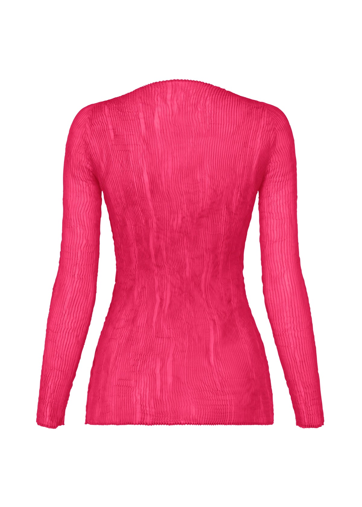 The ISSEY MIYAKE CHIFFON TWIST 1 is a long-sleeved, bright pink ribbed knit V-neck top, shown from the back on a white background. Semi-sheer, form-fitting, and made from recycled polyester. view 4 of 10