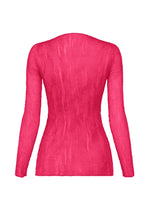 The ISSEY MIYAKE CHIFFON TWIST 1 is a long-sleeved, bright pink ribbed knit V-neck top, shown from the back on a white background. Semi-sheer, form-fitting, and made from recycled polyester.