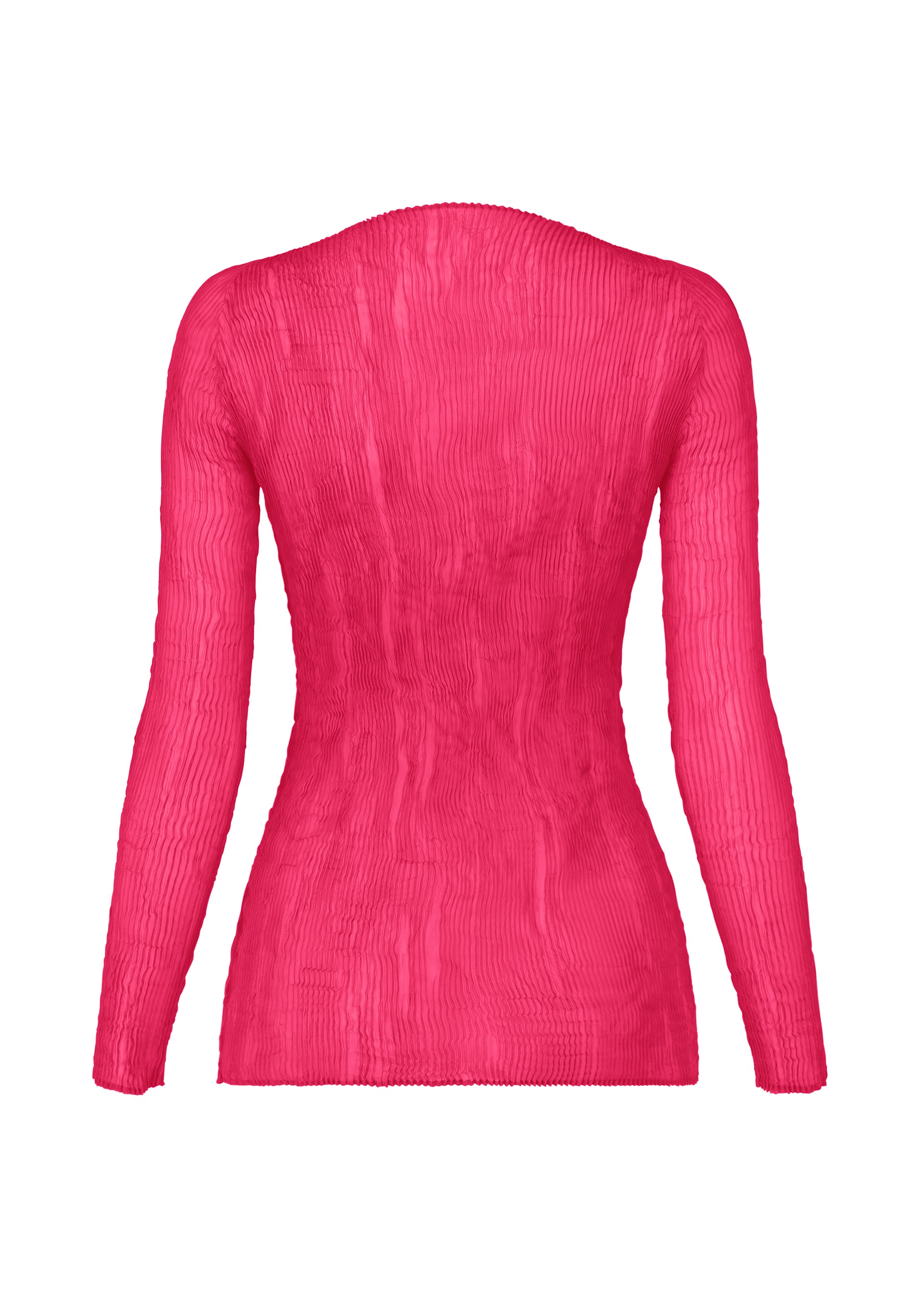 Zoomed view The ISSEY MIYAKE CHIFFON TWIST 1 is a long-sleeved, bright pink ribbed knit V-neck top, shown from the back on a white background. Semi-sheer, form-fitting, and made from recycled polyester.