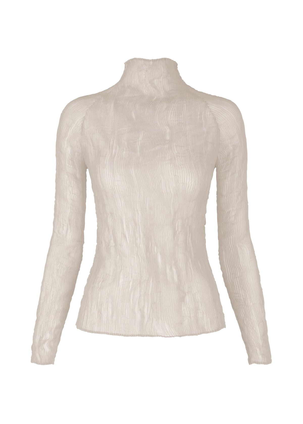 The CHIFFON TWIST 3 by ISSEY MIYAKE is a long-sleeve, light beige pleated top with a crinkled texture and fitted silhouette, made from recycled polyester and shown on a white background. view 1 of 8