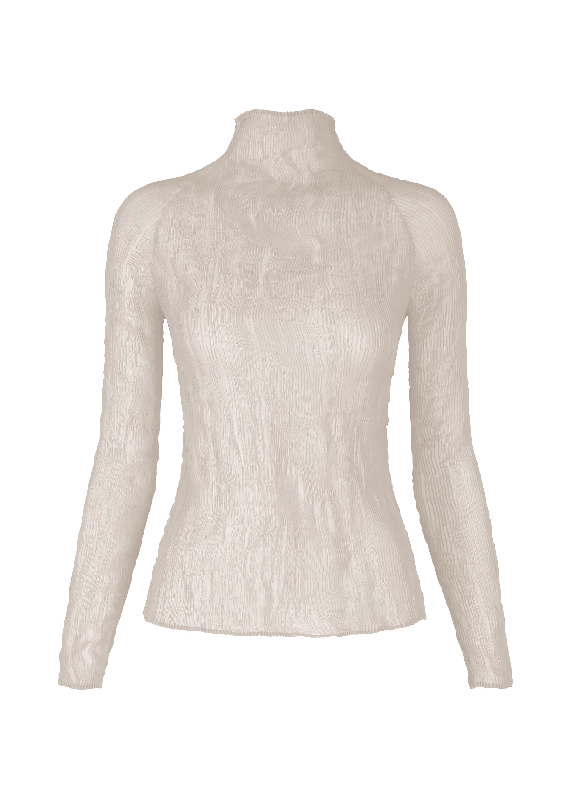 Zoomed view The CHIFFON TWIST 3 by ISSEY MIYAKE is a long-sleeve, light beige pleated top with a crinkled texture and fitted silhouette, made from recycled polyester and shown on a white background. - LIGHT GRAY （no.11）