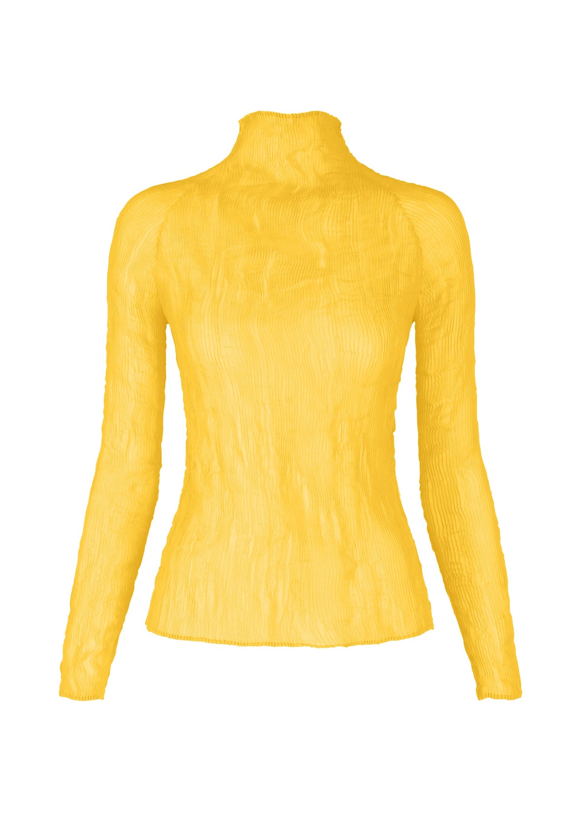The ISSEY MIYAKE CHIFFON TWIST 3 is a yellow, textured long-sleeved top with a fitted silhouette, made from crinkled semi-sheer recycled polyester, shown on a plain white background. view 2 of 8