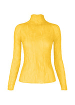 The ISSEY MIYAKE CHIFFON TWIST 3 is a yellow, textured long-sleeved top with a fitted silhouette, made from crinkled semi-sheer recycled polyester, shown on a plain white background. - PARAKEET YELLOW （no.50）