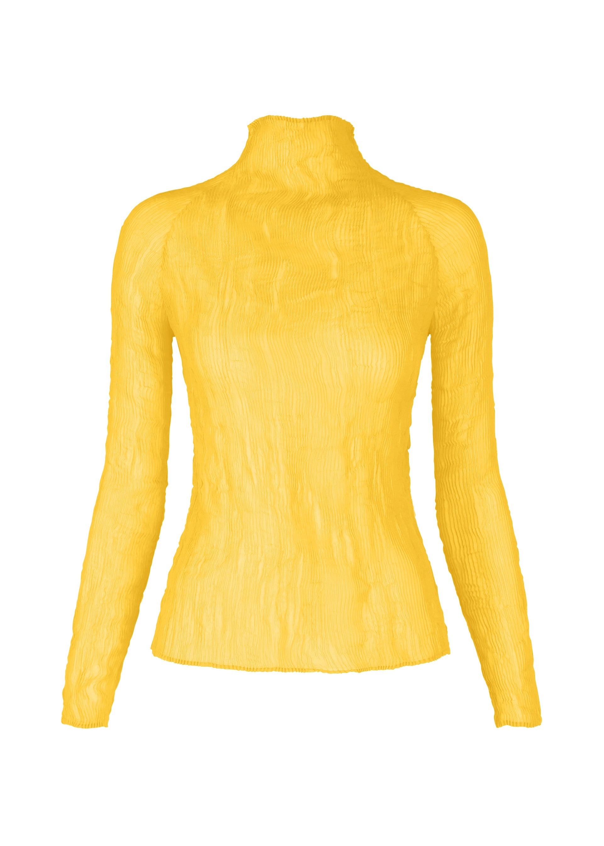 Zoomed view The ISSEY MIYAKE CHIFFON TWIST 3 is a yellow, textured long-sleeved top with a fitted silhouette, made from crinkled semi-sheer recycled polyester, shown on a plain white background. - PARAKEET YELLOW （no.50）