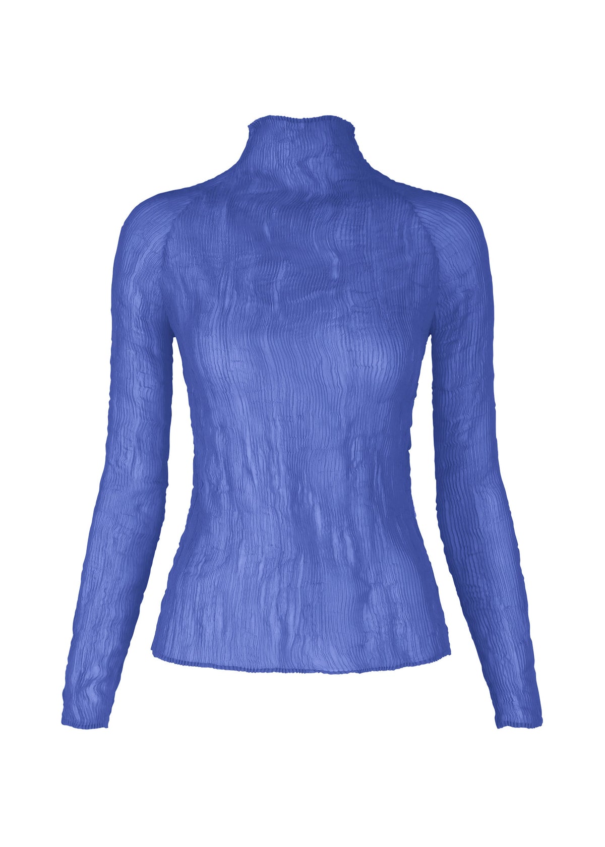 The ISSEY MIYAKE CHIFFON TWIST 3 is a fitted, long-sleeve, high-neck blue pleated top in textured crinkled recycled polyester, shown on a white background. view 3 of 8