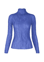 The ISSEY MIYAKE CHIFFON TWIST 3 is a fitted, long-sleeve, high-neck blue pleated top in textured crinkled recycled polyester, shown on a white background. - STARLING BLUE （no.74）