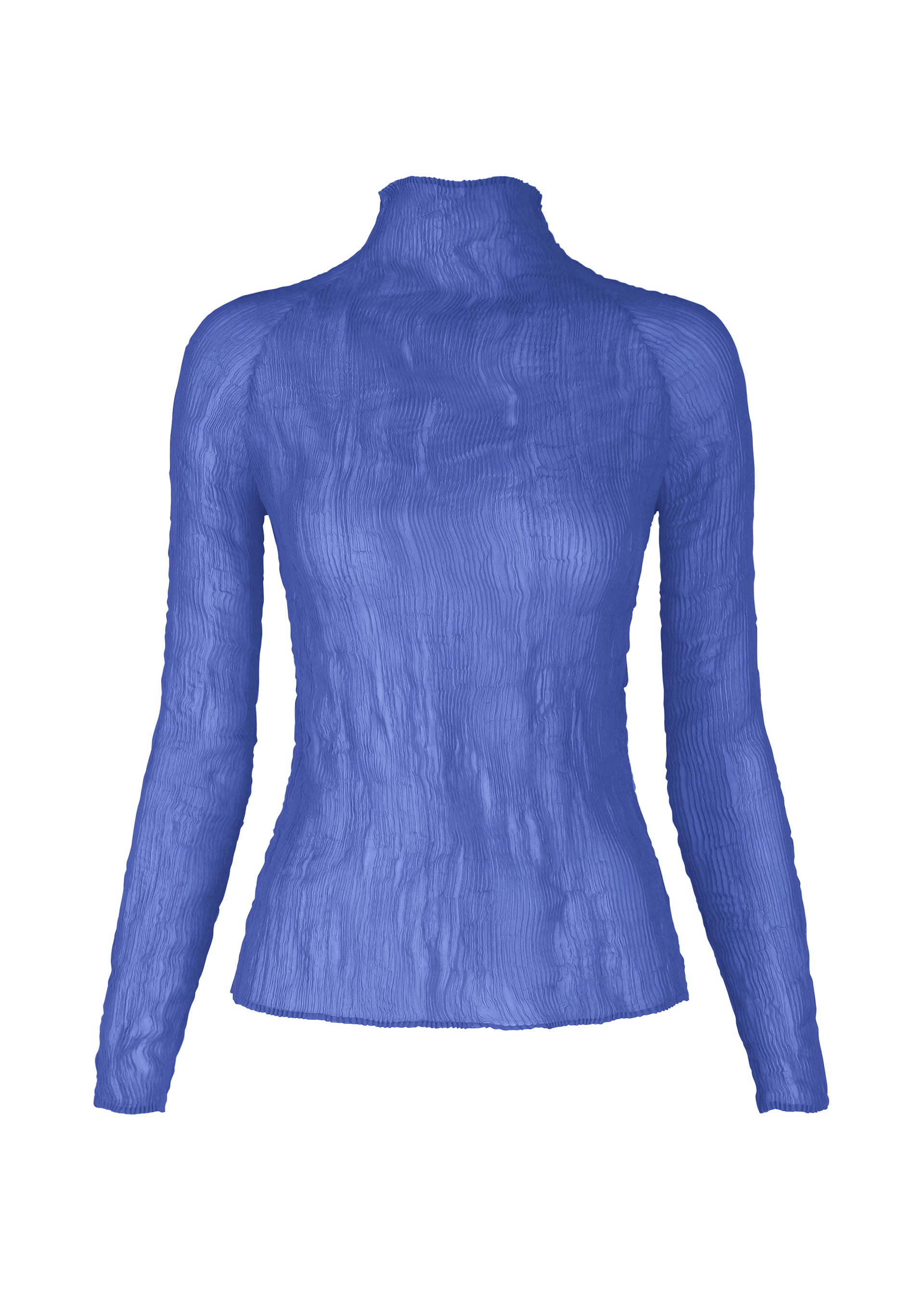 Zoomed view The ISSEY MIYAKE CHIFFON TWIST 3 is a fitted, long-sleeve, high-neck blue pleated top in textured crinkled recycled polyester, shown on a white background. - STARLING BLUE （no.74）