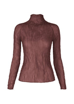 The CHIFFON TWIST 3 by ISSEY MIYAKE is a brown, sheer, long-sleeved, high-neck top made from textured crinkled recycled polyester, shown against a plain white background. - BURGUNDY （no.85）