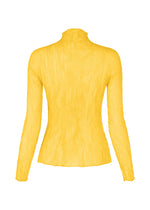 Back view of the ISSEY MIYAKE CHIFFON TWIST 3: a long-sleeve, bright yellow mock-neck pleated top featuring a fitted silhouette and wavy vertical textured detailing.