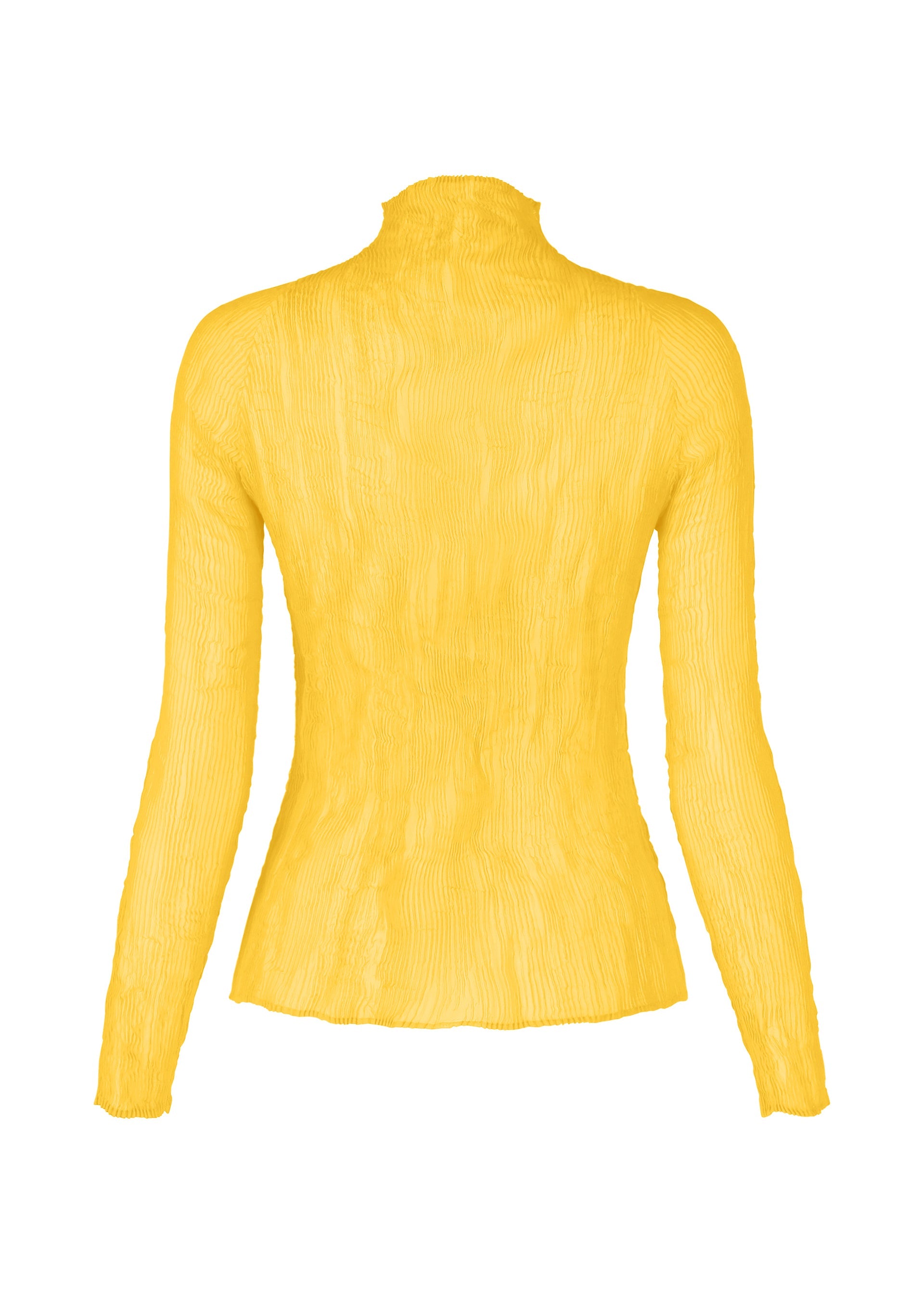 Zoomed view Back view of the ISSEY MIYAKE CHIFFON TWIST 3: a long-sleeve, bright yellow mock-neck pleated top featuring a fitted silhouette and wavy vertical textured detailing.