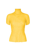 The ISSEY MIYAKE CHIFFON TWIST 3 is a bright yellow, short-sleeved, high-neck top with pleats and a textured, crinkled finish. Made from recycled polyester, this fitted shirt is shown against a white background. - PARAKEET YELLOW （no.50）