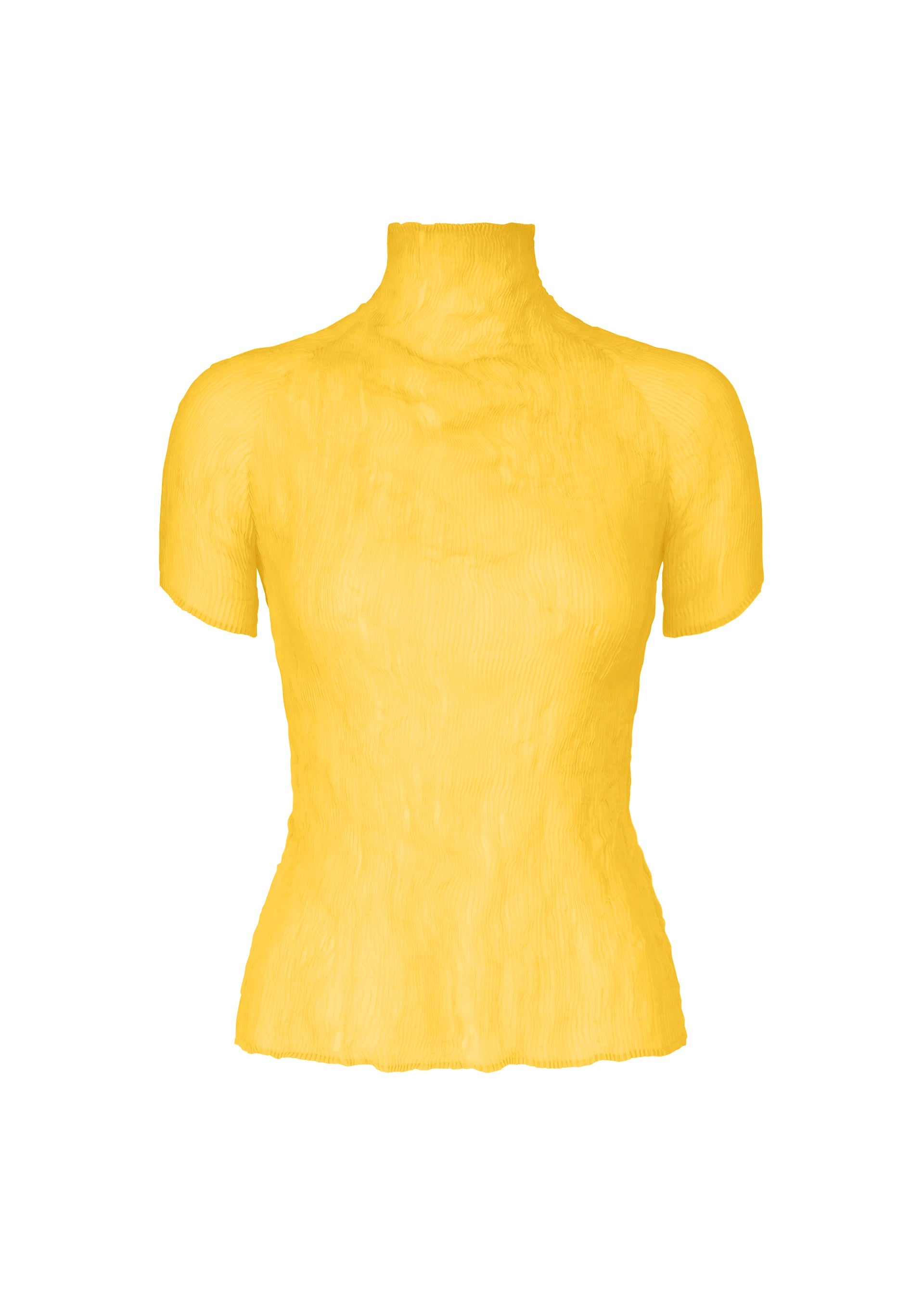 Zoomed view The ISSEY MIYAKE CHIFFON TWIST 3 is a bright yellow, short-sleeved, high-neck top with pleats and a textured, crinkled finish. Made from recycled polyester, this fitted shirt is shown against a white background. - PARAKEET YELLOW （no.50）