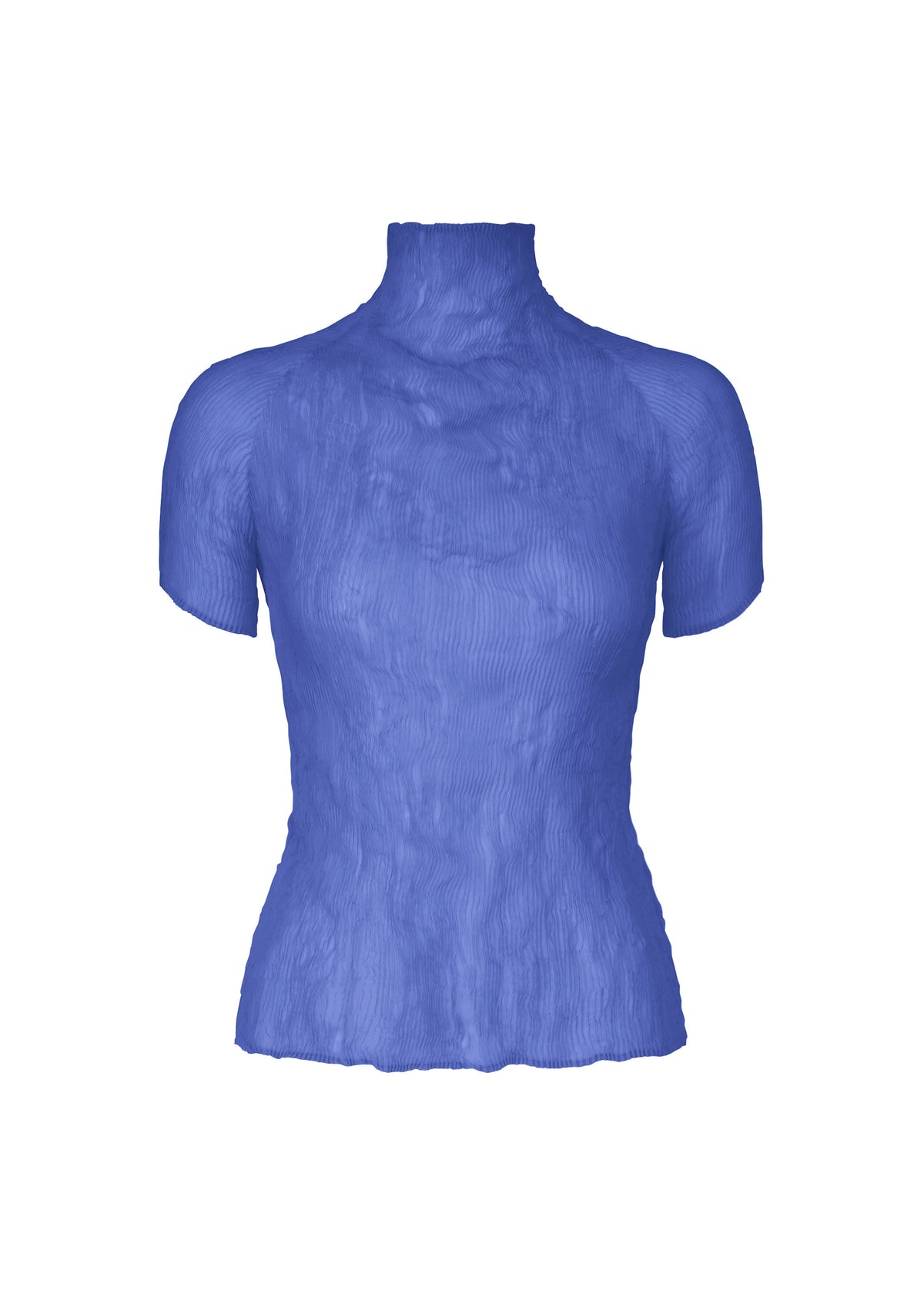 The ISSEY MIYAKE CHIFFON TWIST 3 is a fitted, pleated high-neck top with short sleeves in textured, semi-sheer blue recycled polyester, shown against a white background. view 3 of 10