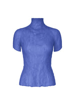 The ISSEY MIYAKE CHIFFON TWIST 3 is a fitted, pleated high-neck top with short sleeves in textured, semi-sheer blue recycled polyester, shown against a white background. - STARLING BLUE （no.74）