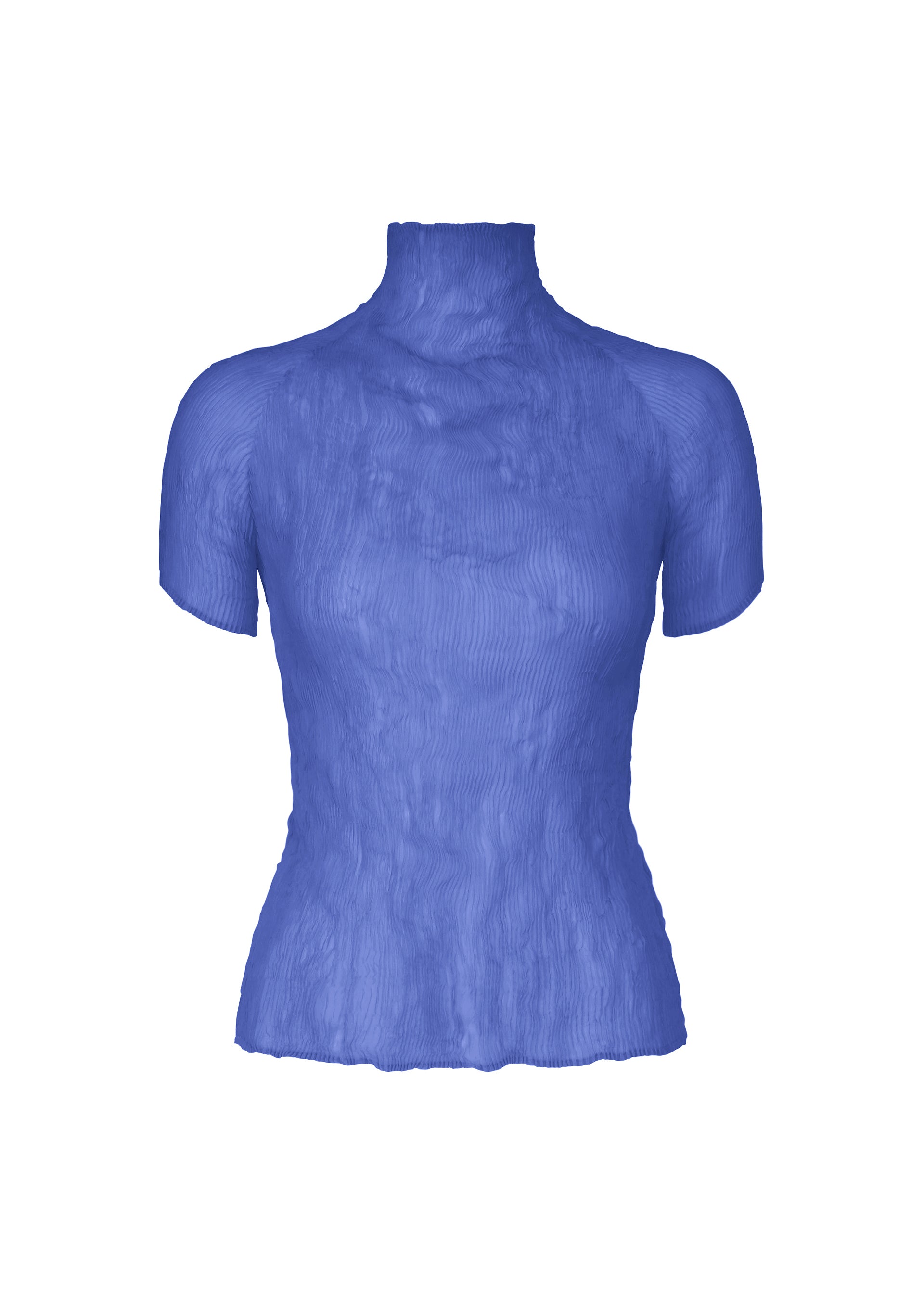 Zoomed view The ISSEY MIYAKE CHIFFON TWIST 3 is a fitted, pleated high-neck top with short sleeves in textured, semi-sheer blue recycled polyester, shown against a white background. - STARLING BLUE （no.74）
