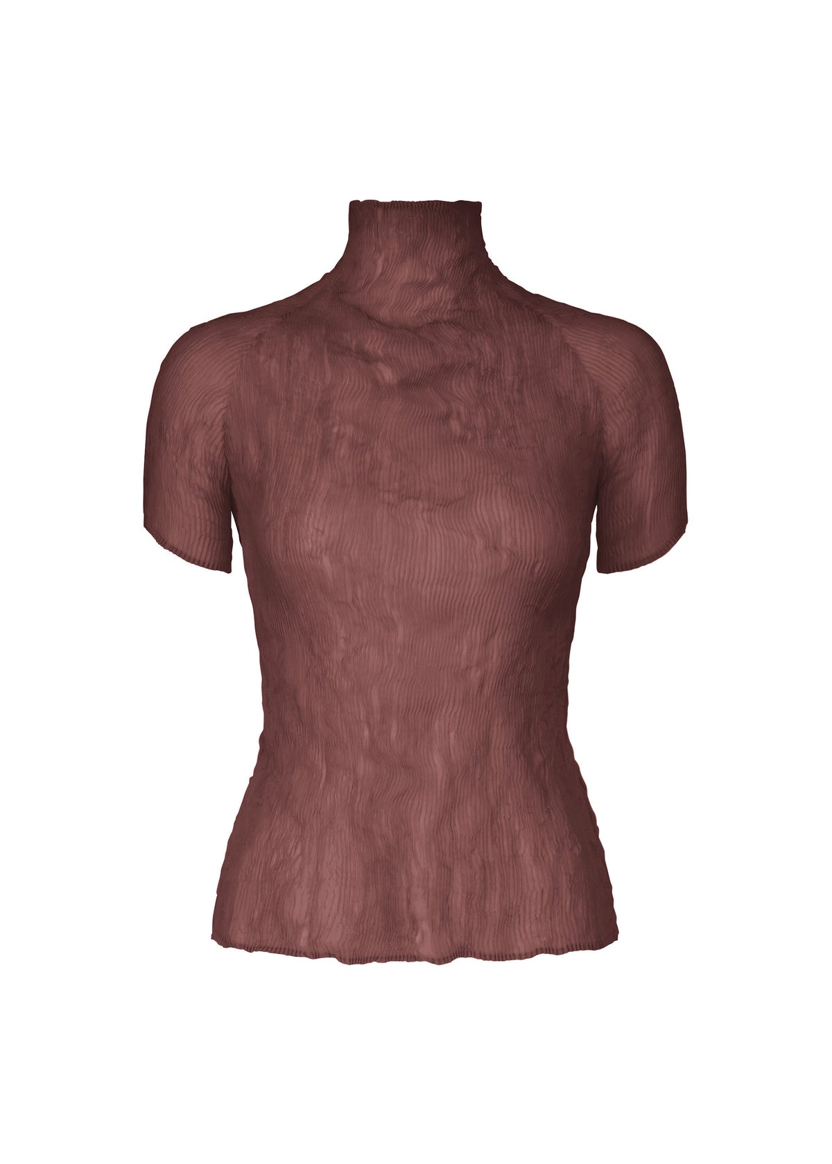 The CHIFFON TWIST 3 by ISSEY MIYAKE is a fitted, short-sleeve pleated top in textured reddish-brown recycled polyester with a high neck, shown against a plain white background. view 4 of 10