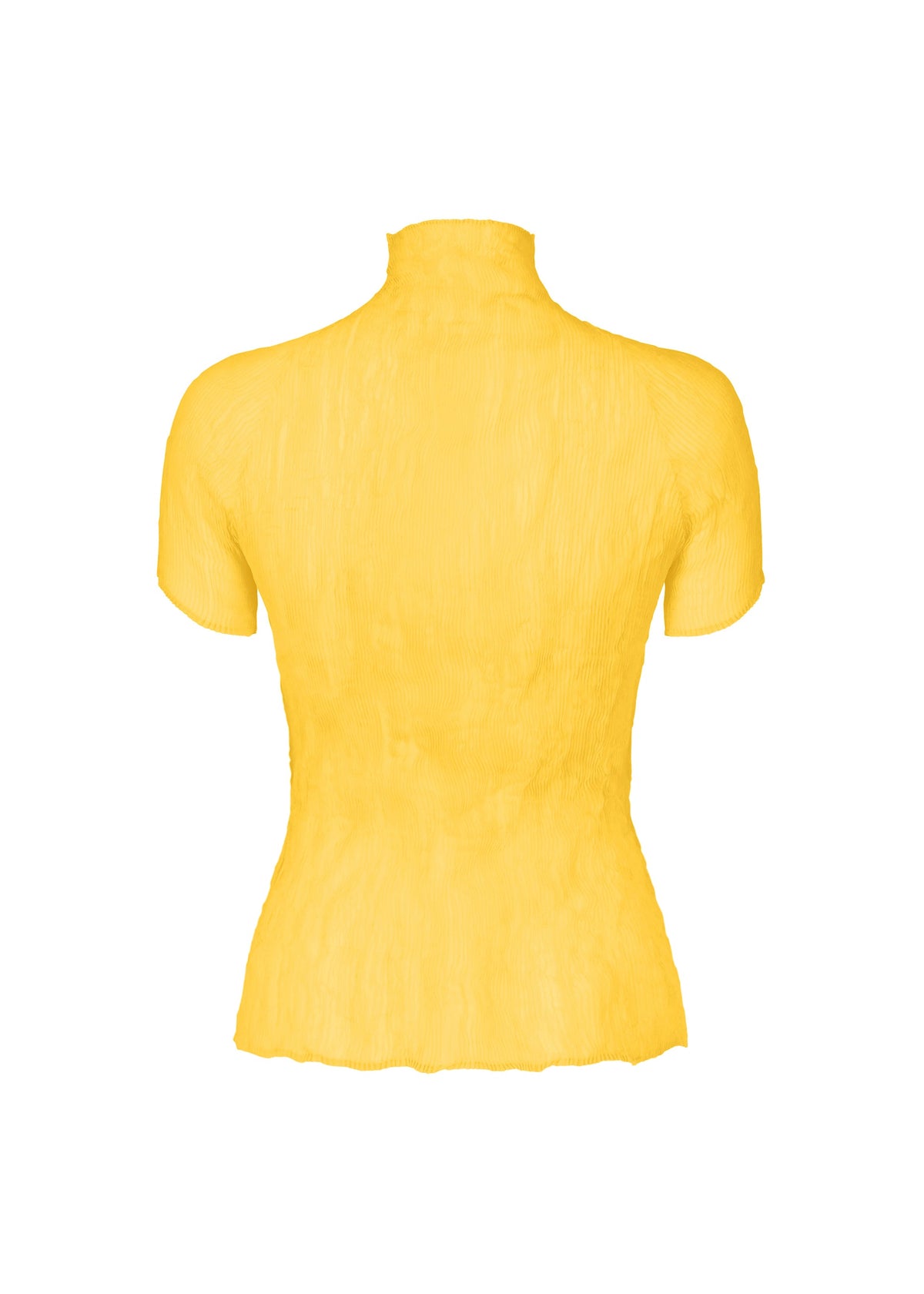 A back view of ISSEY MIYAKE's CHIFFON TWIST 3: a short-sleeved, fitted yellow high-neck top in textured, slightly sheer recycled polyester fabric. view 5 of 10
