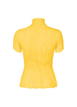 A back view of ISSEY MIYAKE's CHIFFON TWIST 3: a short-sleeved, fitted yellow high-neck top in textured, slightly sheer recycled polyester fabric.