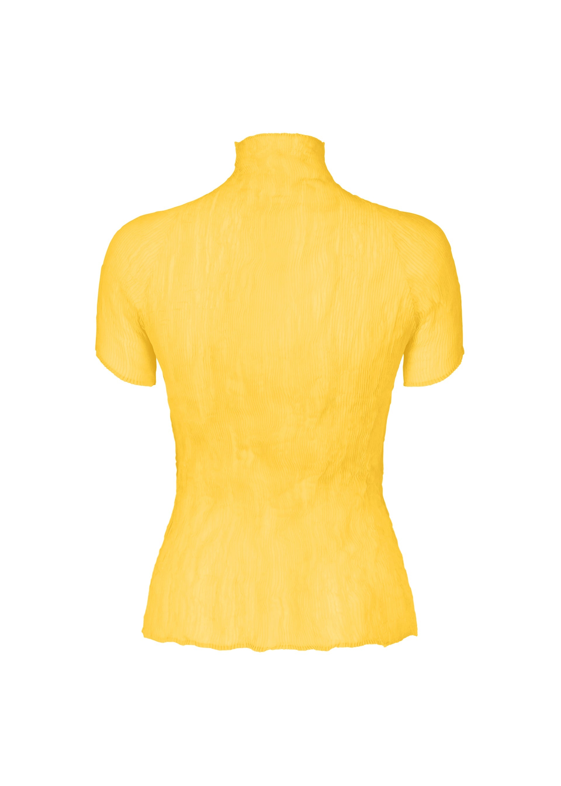 Zoomed view A back view of ISSEY MIYAKE's CHIFFON TWIST 3: a short-sleeved, fitted yellow high-neck top in textured, slightly sheer recycled polyester fabric.