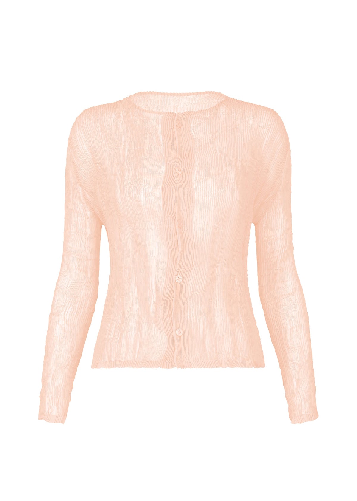 The ISSEY MIYAKE CHIFFON TWIST 2 is a light pink, semi-sheer cardigan with a crinkled pleated texture, long sleeves, and button-up front, made from recycled polyester and shown against a white background. view 1 of 9