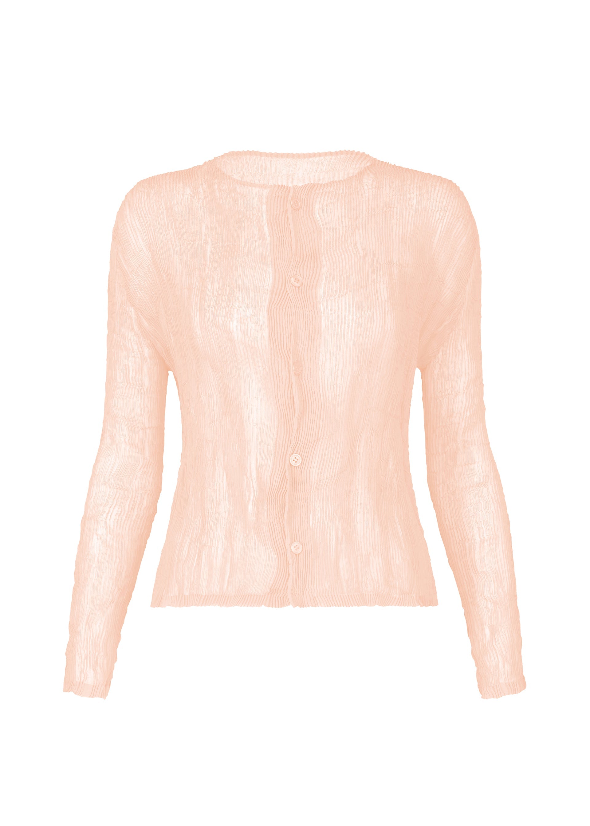 Zoomed view The ISSEY MIYAKE CHIFFON TWIST 2 is a light pink, semi-sheer cardigan with a crinkled pleated texture, long sleeves, and button-up front, made from recycled polyester and shown against a white background. - LIGHT PINK （no.21）