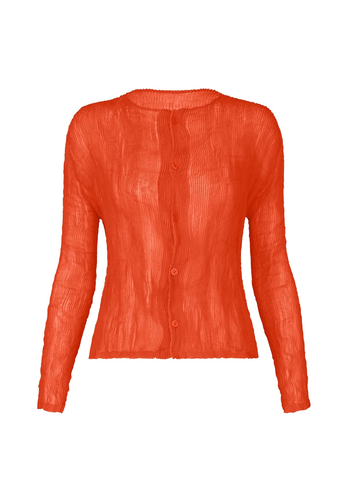 The ISSEY MIYAKE CHIFFON TWIST 2 is a textured, bright orange long-sleeve pleated cardigan blouse with a round neck and slightly sheer crinkled fabric made from recycled polyester, shown on a white background. view 2 of 9