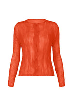 The ISSEY MIYAKE CHIFFON TWIST 2 is a textured, bright orange long-sleeve pleated cardigan blouse with a round neck and slightly sheer crinkled fabric made from recycled polyester, shown on a white background. - MACAW RED （no.28）
