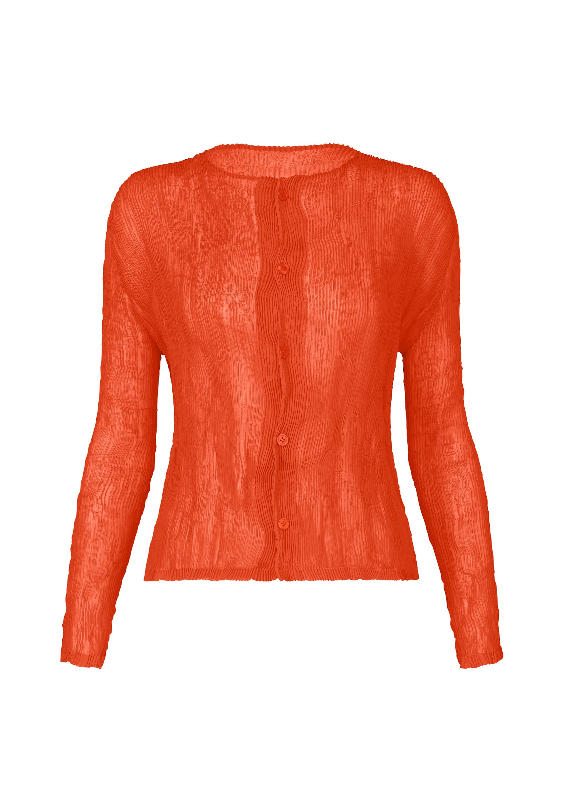 Zoomed view The ISSEY MIYAKE CHIFFON TWIST 2 is a textured, bright orange long-sleeve pleated cardigan blouse with a round neck and slightly sheer crinkled fabric made from recycled polyester, shown on a white background. - MACAW RED （no.28）