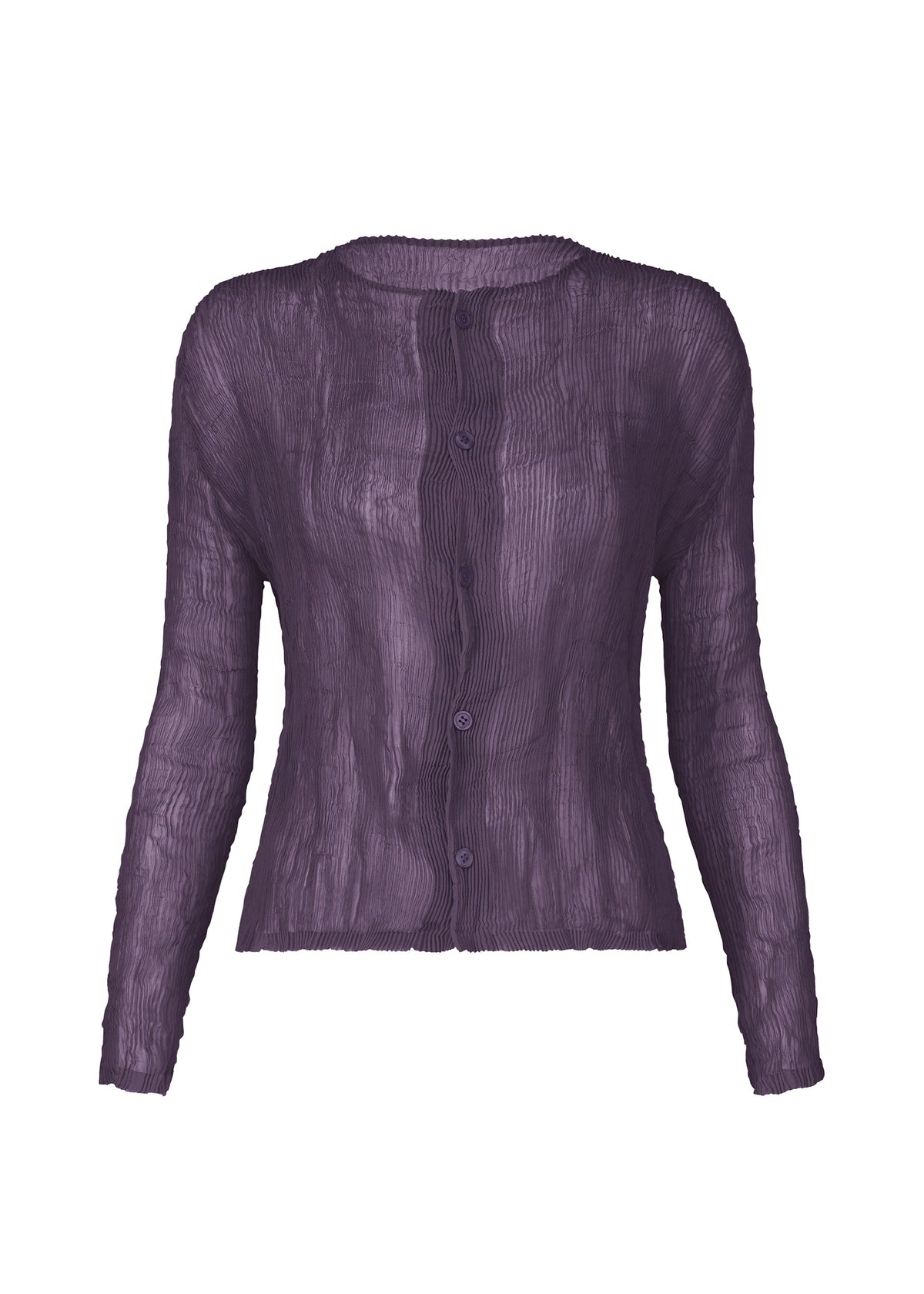 The ISSEY MIYAKE CHIFFON TWIST 2 is a sheer, long-sleeved dark purple blouse with a crinkled texture, made from recycled polyester and featuring front buttons, displayed against a white background. view 3 of 9