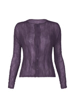 The ISSEY MIYAKE CHIFFON TWIST 2 is a sheer, long-sleeved dark purple blouse with a crinkled texture, made from recycled polyester and featuring front buttons, displayed against a white background. - DARK PURPLE （no.82）