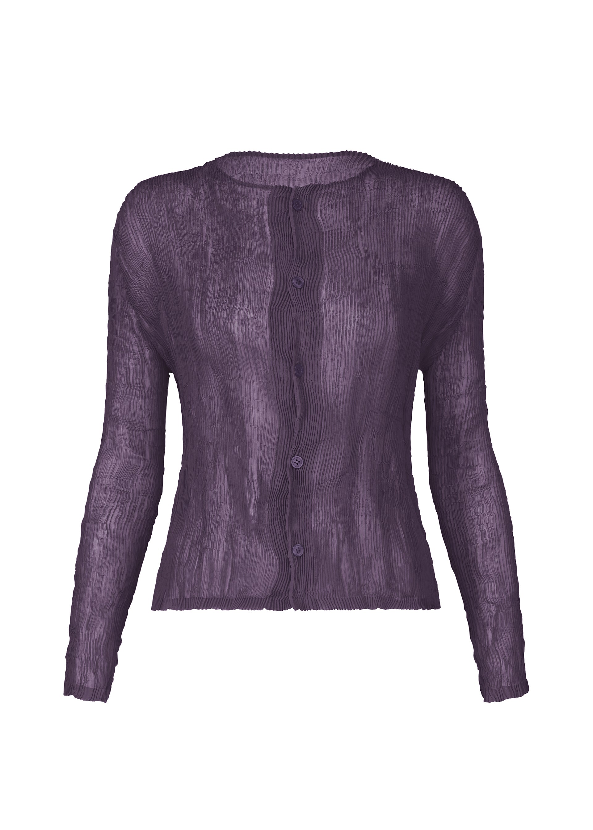 Zoomed view The ISSEY MIYAKE CHIFFON TWIST 2 is a sheer, long-sleeved dark purple blouse with a crinkled texture, made from recycled polyester and featuring front buttons, displayed against a white background. - DARK PURPLE （no.82）