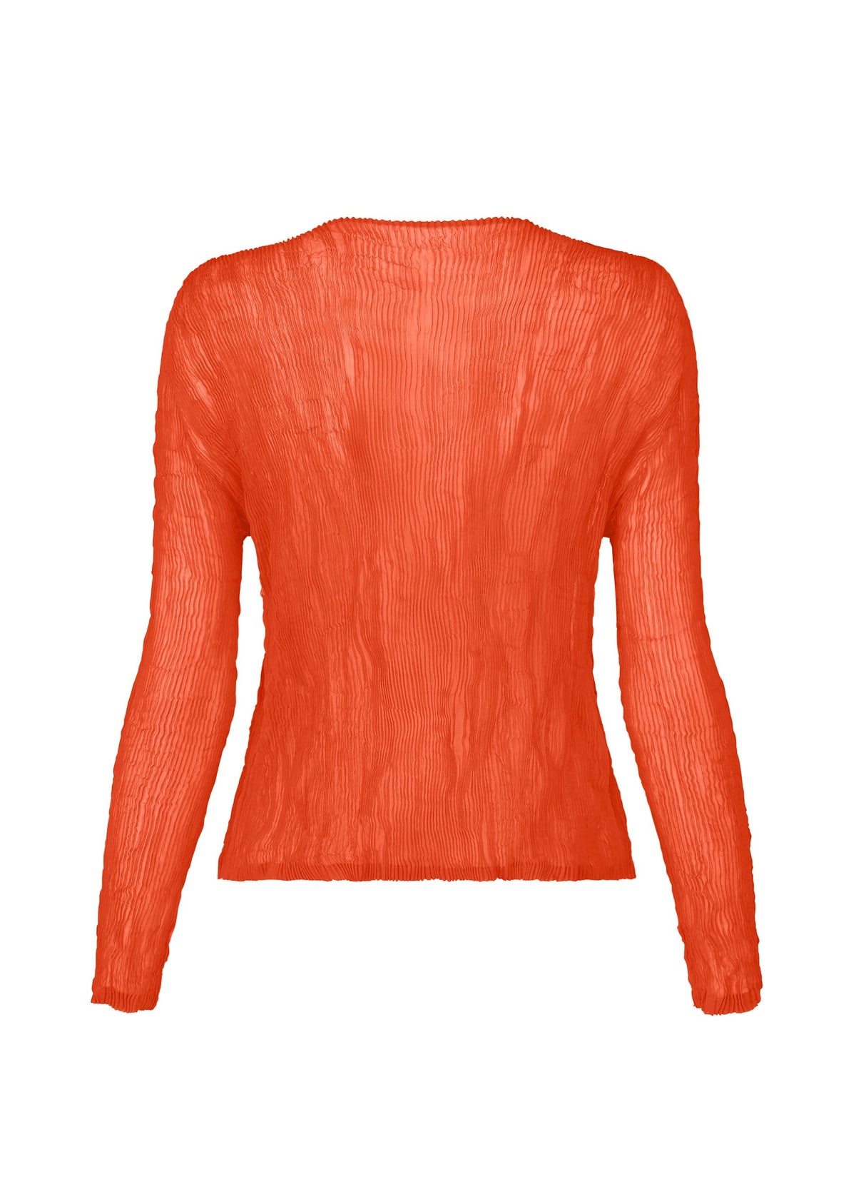 The CHIFFON TWIST 2 by ISSEY MIYAKE is a long-sleeve, lightweight sheer orange blouse with a crinkled texture, made from recycled polyester and shown from the back against a white background. view 4 of 9