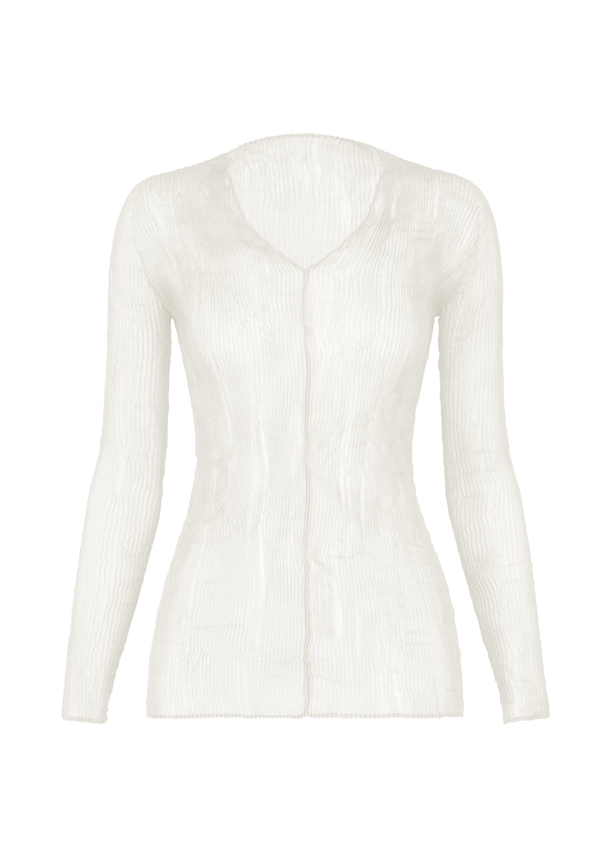 The ISSEY MIYAKE CHIFFON TWIST BK/WT-66 is a long-sleeved, semi-sheer white blouse with a crinkled texture and V-neckline, crafted from recycled polyester for an eco-friendly touch. view 1 of 6