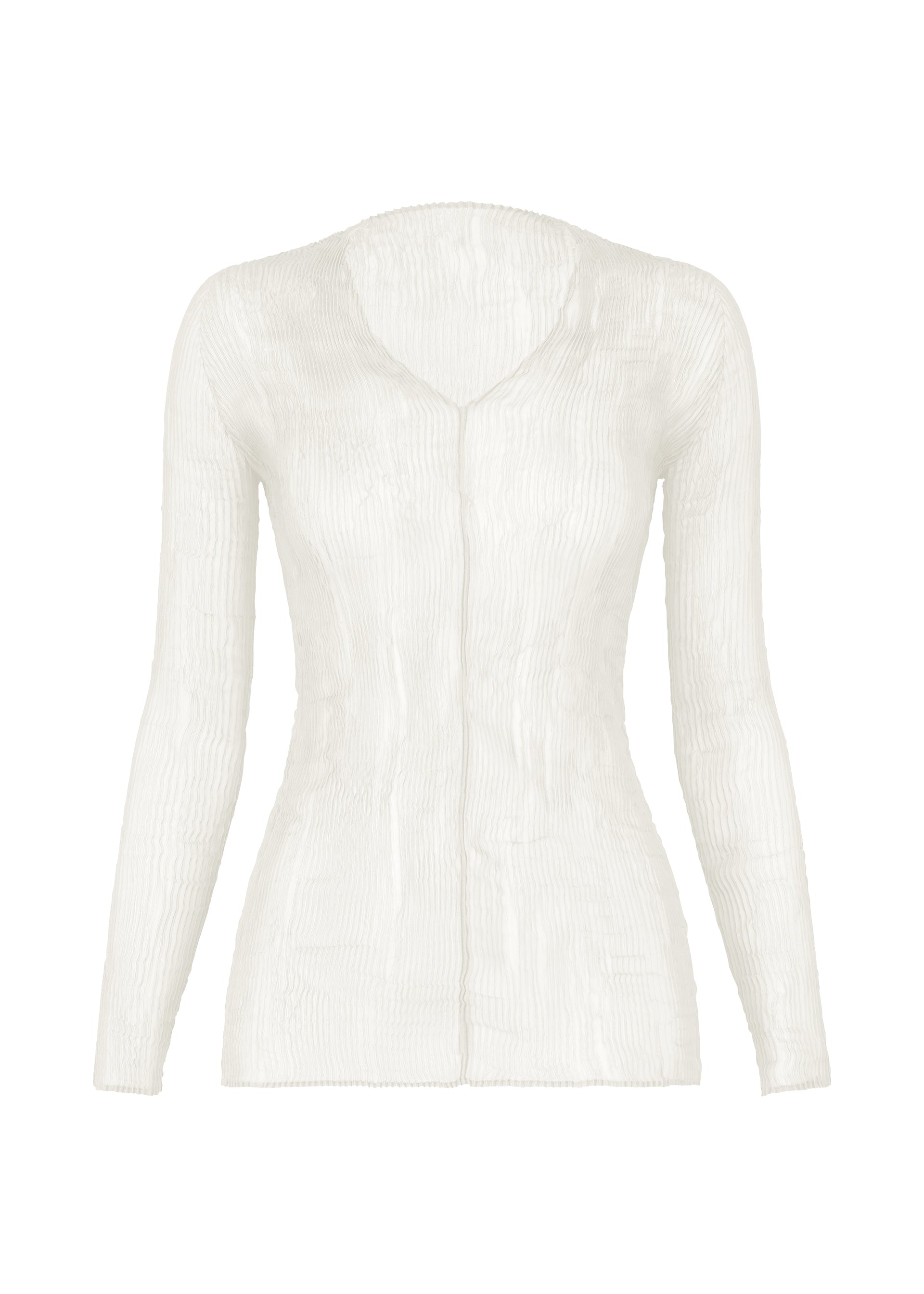 Zoomed view The ISSEY MIYAKE CHIFFON TWIST BK/WT-66 is a long-sleeved, semi-sheer white blouse with a crinkled texture and V-neckline, crafted from recycled polyester for an eco-friendly touch. - WHITE （no.01）