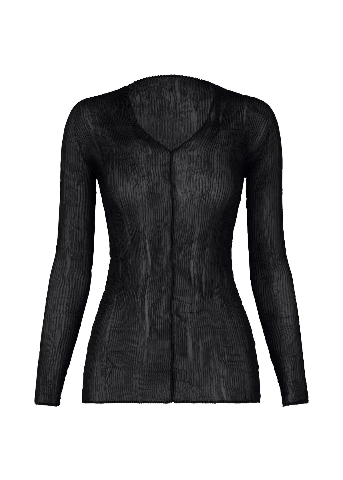 The ISSEY MIYAKE CHIFFON TWIST BK/WT-66 is a sheer black pleated long-sleeved top with a slightly fitted silhouette, crafted from recycled polyester and shown against a white background. view 2 of 6