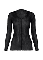 The ISSEY MIYAKE CHIFFON TWIST BK/WT-66 is a sheer black pleated long-sleeved top with a slightly fitted silhouette, crafted from recycled polyester and shown against a white background. - BLACK （no.15）