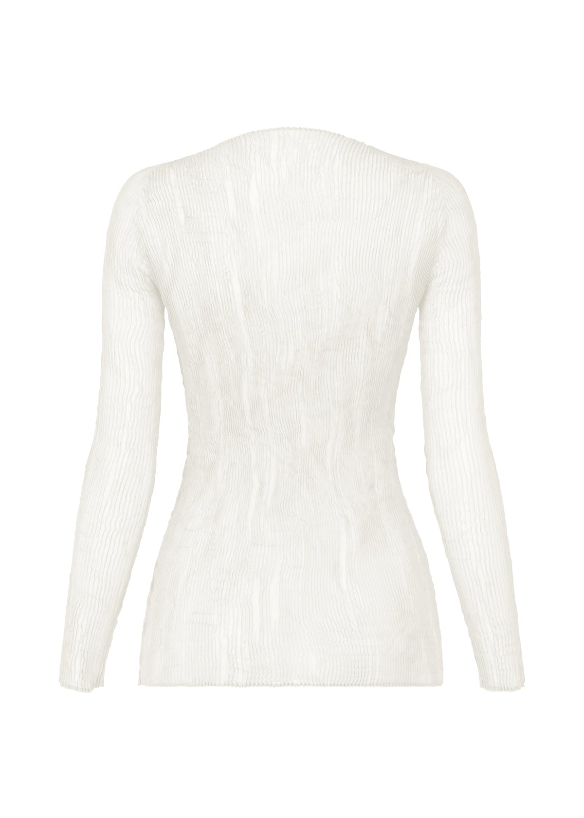 Back view of the ISSEY MIYAKE CHIFFON TWIST BK/WT-66, a long-sleeved white recycled polyester top with pleats, subtle texture, a slightly tailored waist, straight hem, and no visible fastenings or embellishments. view 3 of 6