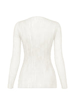 Back view of the ISSEY MIYAKE CHIFFON TWIST BK/WT-66, a long-sleeved white recycled polyester top with pleats, subtle texture, a slightly tailored waist, straight hem, and no visible fastenings or embellishments.