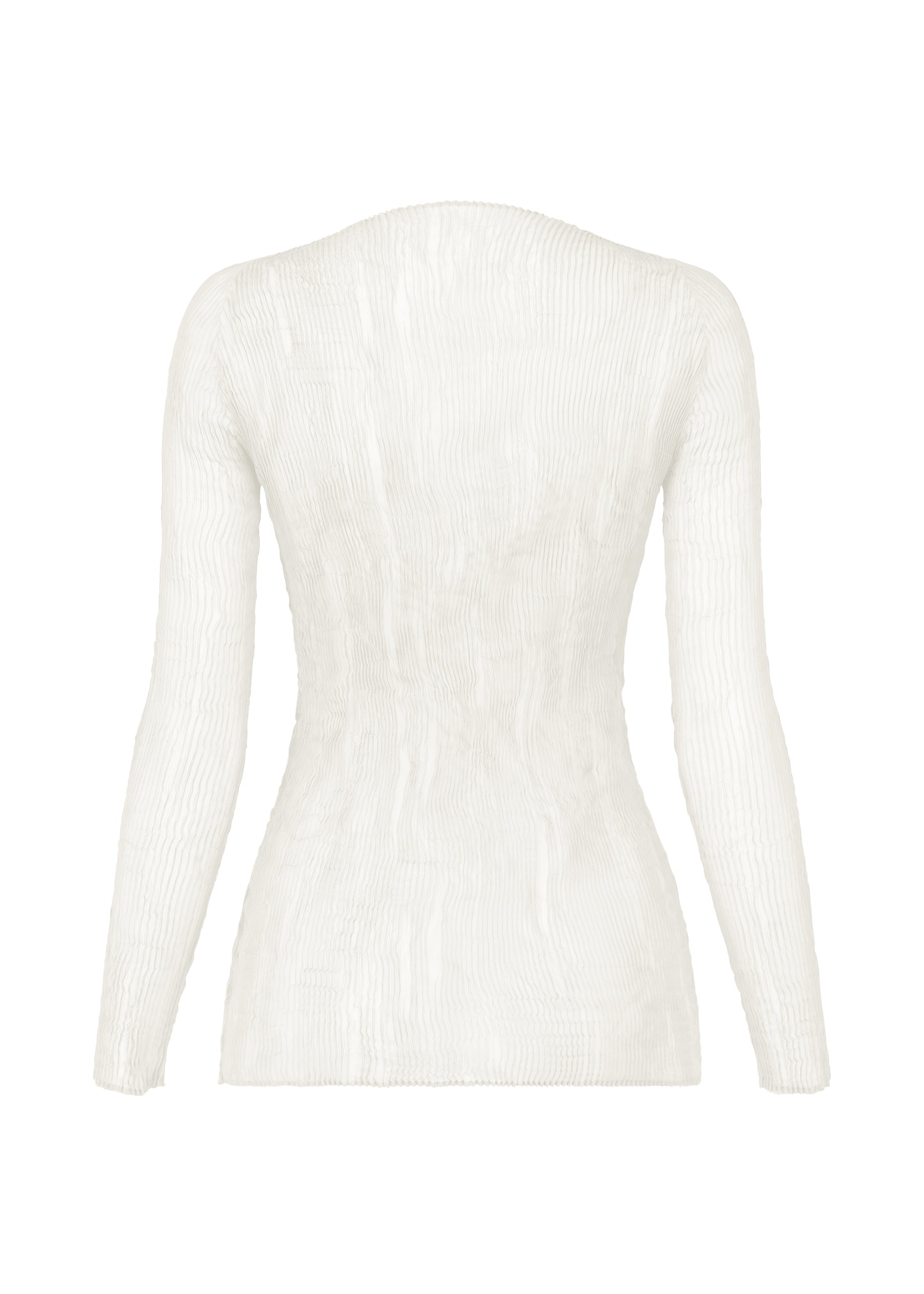 Zoomed view Back view of the ISSEY MIYAKE CHIFFON TWIST BK/WT-66, a long-sleeved white recycled polyester top with pleats, subtle texture, a slightly tailored waist, straight hem, and no visible fastenings or embellishments.