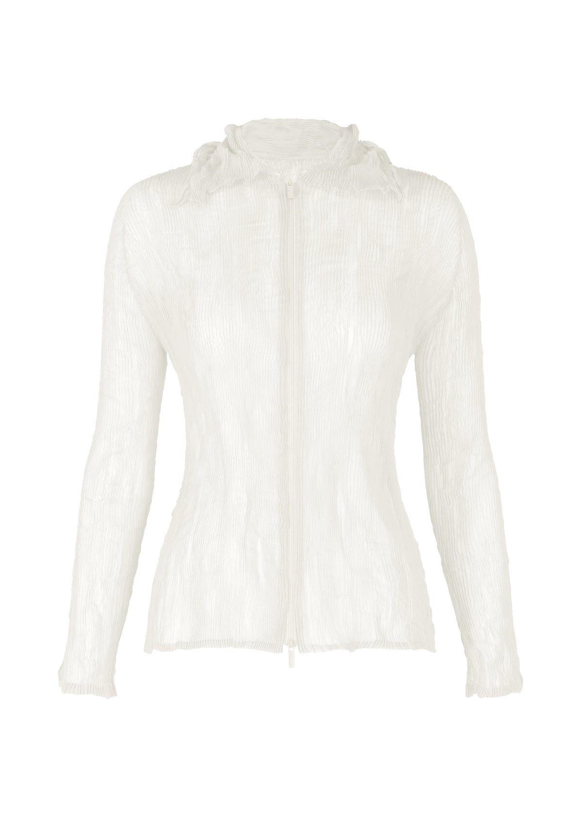 The ISSEY MIYAKE CHIFFON TWIST BK/WT-66 is a sheer, lightweight white zip-up cardigan featuring long sleeves, a fitted silhouette, subtle crinkle texture, pleated accents, and a hood. view 1 of 6
