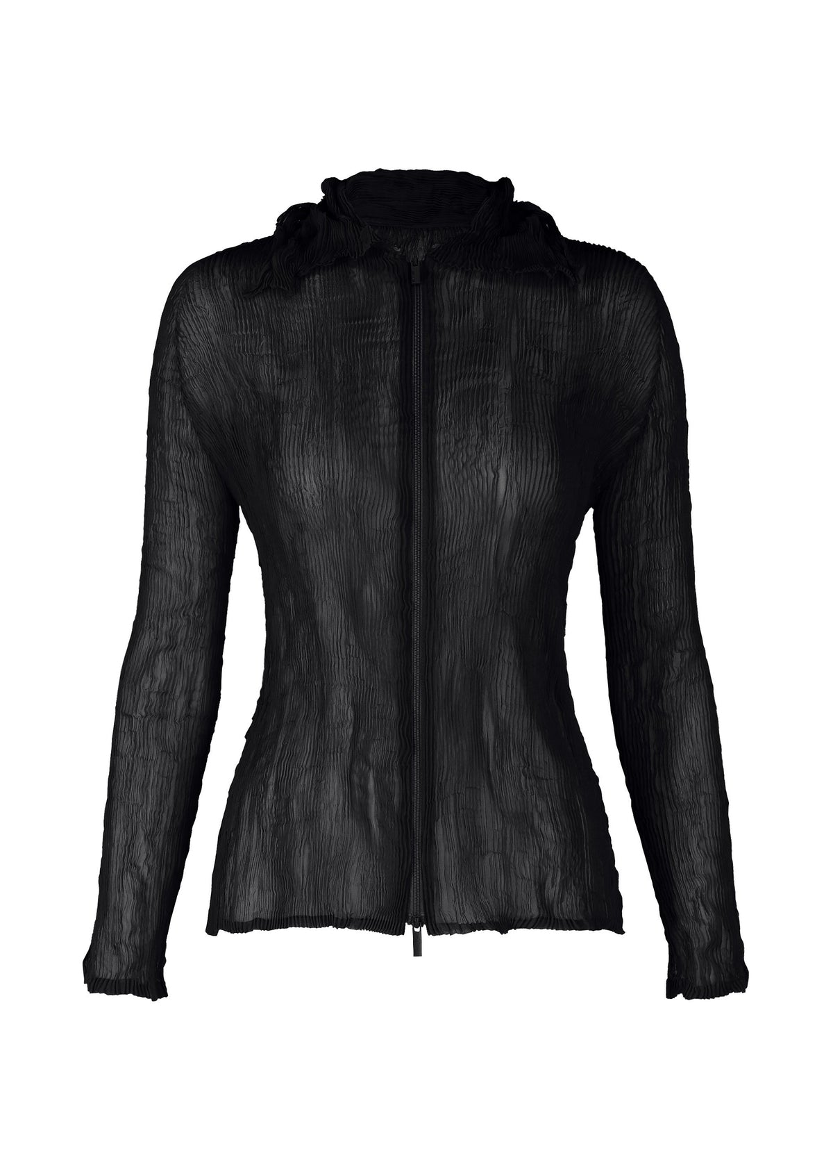 The ISSEY MIYAKE CHIFFON TWIST BK/WT-66 is a black, long-sleeve zip-up cardigan with a pleated, crinkled texture and fitted silhouette, crafted from recycled polyester and shown against a white background. view 2 of 6