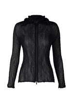 The ISSEY MIYAKE CHIFFON TWIST BK/WT-66 is a black, long-sleeve zip-up cardigan with a pleated, crinkled texture and fitted silhouette, crafted from recycled polyester and shown against a white background. - BLACK （no.15）