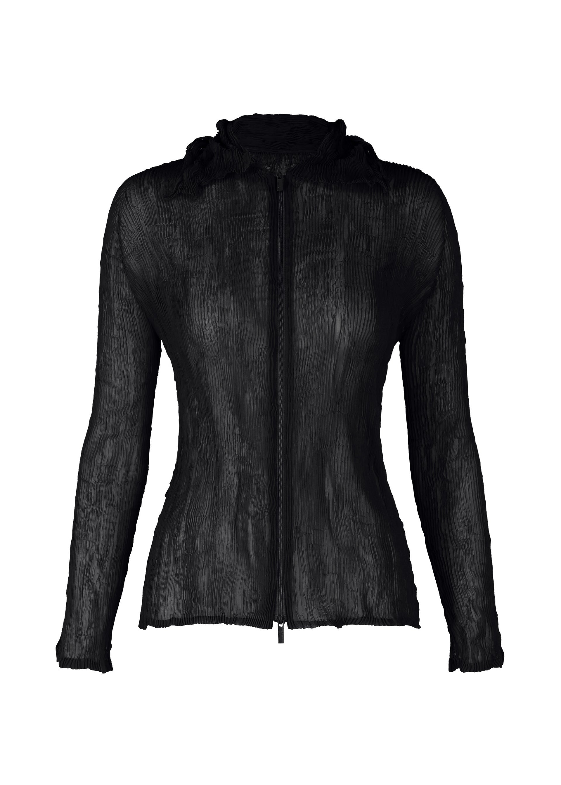 Zoomed view The ISSEY MIYAKE CHIFFON TWIST BK/WT-66 is a black, long-sleeve zip-up cardigan with a pleated, crinkled texture and fitted silhouette, crafted from recycled polyester and shown against a white background. - BLACK （no.15）