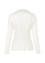 The ISSEY MIYAKE CHIFFON TWIST BK/WT-66 is a sheer, long-sleeved white blouse with a subtle pleated crinkled texture, crafted from recycled polyester and shown from the back on a plain white background.