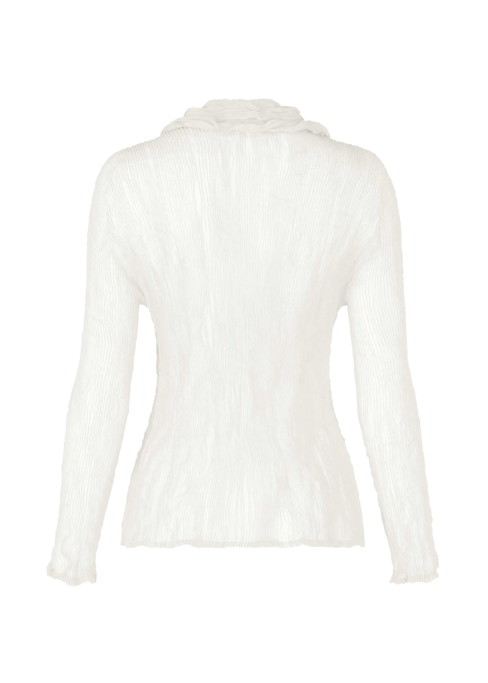Zoomed view The ISSEY MIYAKE CHIFFON TWIST BK/WT-66 is a sheer, long-sleeved white blouse with a subtle pleated crinkled texture, crafted from recycled polyester and shown from the back on a plain white background.