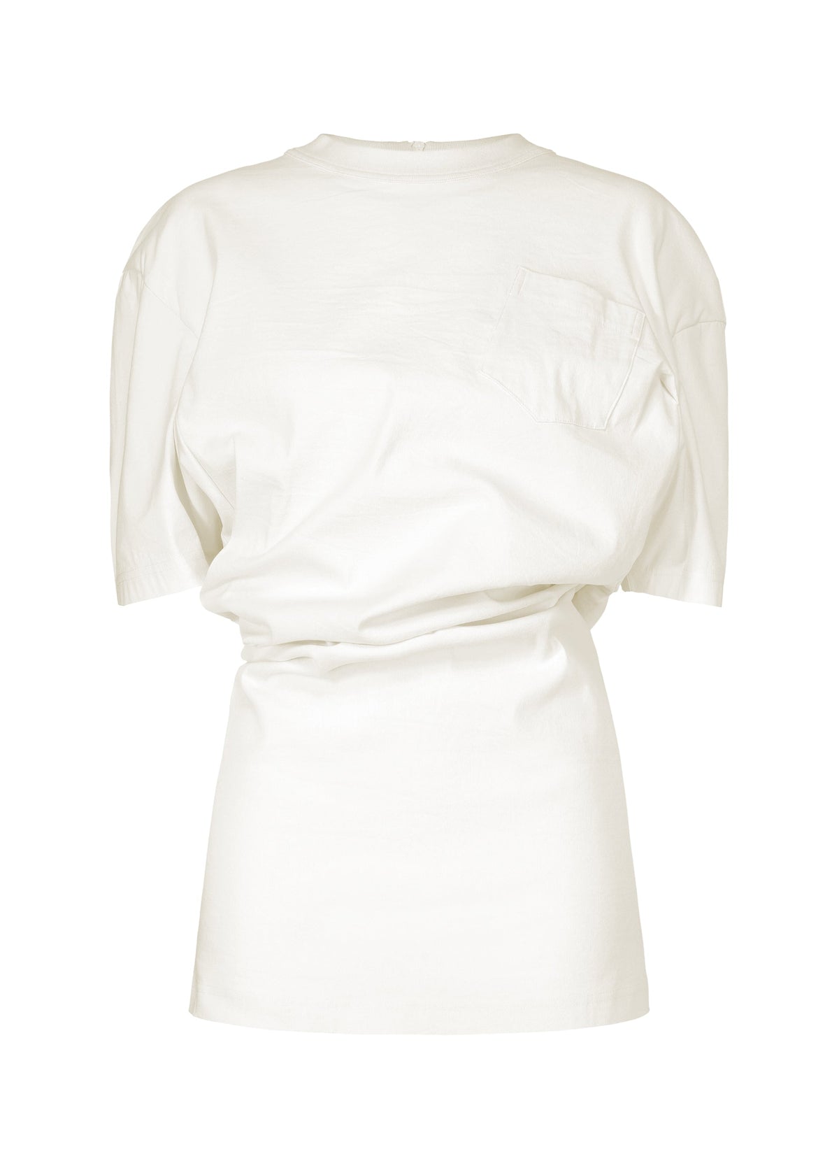 The ISSEY MIYAKE GENERIC WEAR is a plain white round-neck top with a small chest pocket, shown on a white background. It features a slightly cinched waist for a fitted, subtly playful look. view 1 of 11